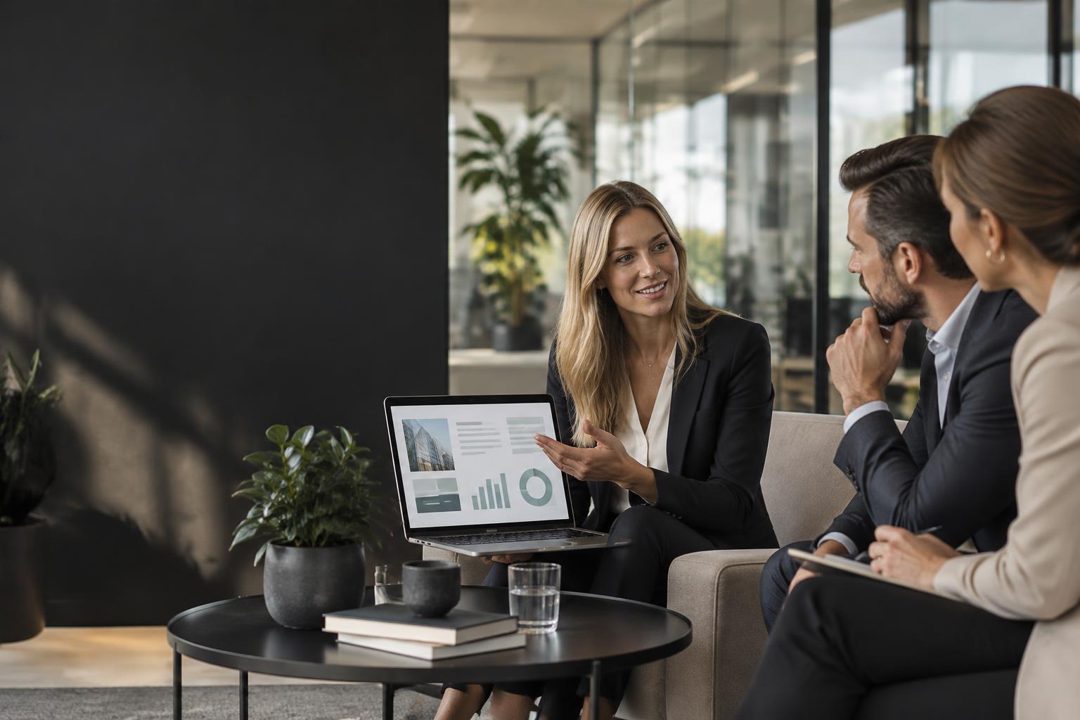 En grundare visar bolagets presentation för två intresserade investerare