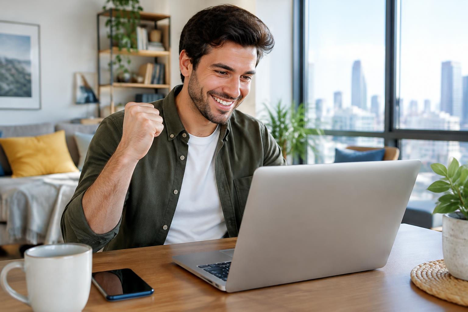 Glad investerare tecknar aktier på sin laptop