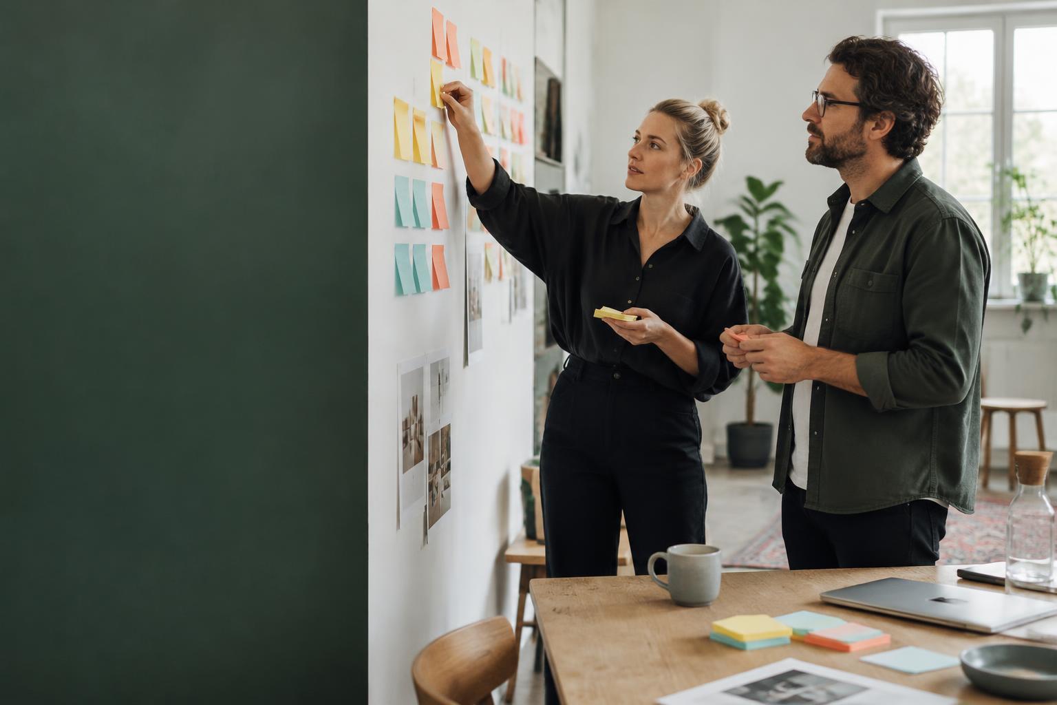 Två företagare utvecklar budskap i en workshop
